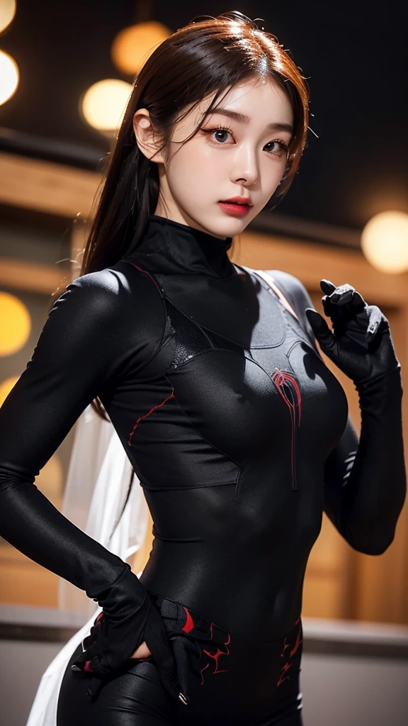 tmasterpiece,1 Korean girl，realisticlying，8K  UHD，high high quality，in the background bokeh, spider-man black suit，Spidey，Clothes wrap around the whole body，Tight clothing，Abs contour，Short black hair，s the perfect face，shining face，Ultra-clear face，Elaborate Eyes，idoly