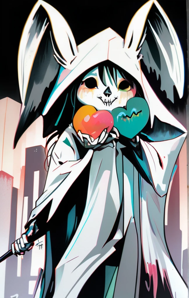 poster,Jim Mahfood,Ellen Jewett, hyper detailed, high contrast,masterpiece, white background、Simple line initials,Abstract art,Urban Background, Colorful Hearts ,(((The most beautiful girl of all time))), Cute Grim Reaper Character、Beautiful illustrations, Highest quality, Cute Grim Reaper、Bedroom, pastel colour, Fluffy bunny ears, , Silver long hair,