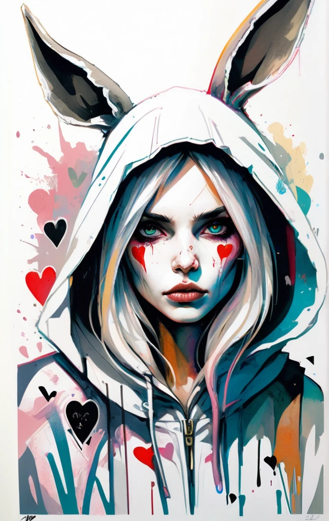 poster,Jim Mahfood,Ellen Jewett, hyper detailed, high contrast,masterpiece, white background、Simple line initials,Abstract art,Urban Background, Colorful Hearts ,(((The most beautiful girl of all time))), Cute Grim Reaper Character、Beautiful illustrations, Highest quality, Cute Grim Reaper、Bedroom, pastel colour, Fluffy bunny ears, , Silver long hair,