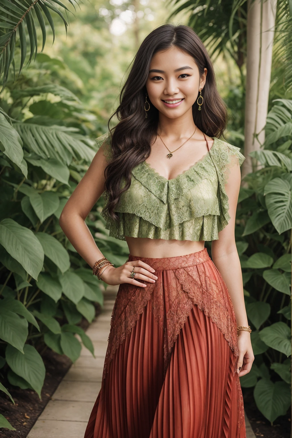 Half-length glamour portrait, nikon D850, f1.6 lens, 200mm, DSLR, 22 Megapixels, (((Lush botanical garden scene))), shot of a stunning 19 years old korean girl, (smile:1.4), (wearing Vermilion Pleated maxi skirt with Green lace top:1.6), ((seductive pose)), hot girl, (((big natural breasts))), (((black fringe hair))), (small girl), symmetrical face, photorealistic, photography, (bright natural lighting), gorgeous, deep cleavage, (masterpiece), best quality, high resolution, extremely detailed, cinematic lighting, (((very narrow waist))), rich colors, hyper realistic, lifelike texture, ((jewelry)), (((She has beautiful hands and wears rings))), (bracelet), (necklace), (ankle chain), (nail polish) (earrings), Fuji Superia 200, 8k