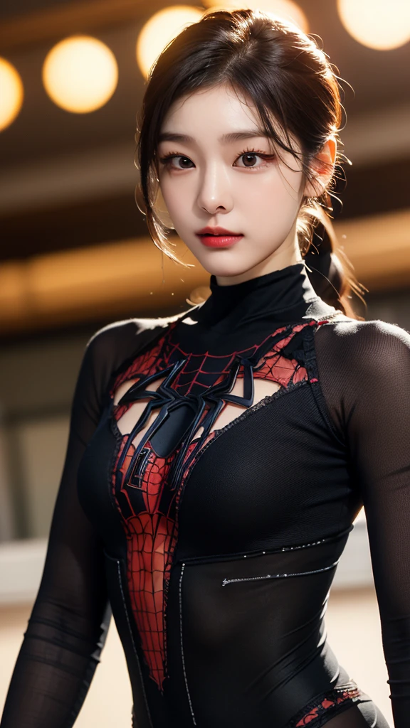 tmasterpiece,1 Korean girl，realisticlying，8K  UHD，high high quality，in the background bokeh, spider-man black suit，Spidey，Clothes wrap around the whole body，Tight clothing，Abs contour，Short black hair，s the perfect face，shining face，Ultra-clear face，Elaborate Eyes，idoly