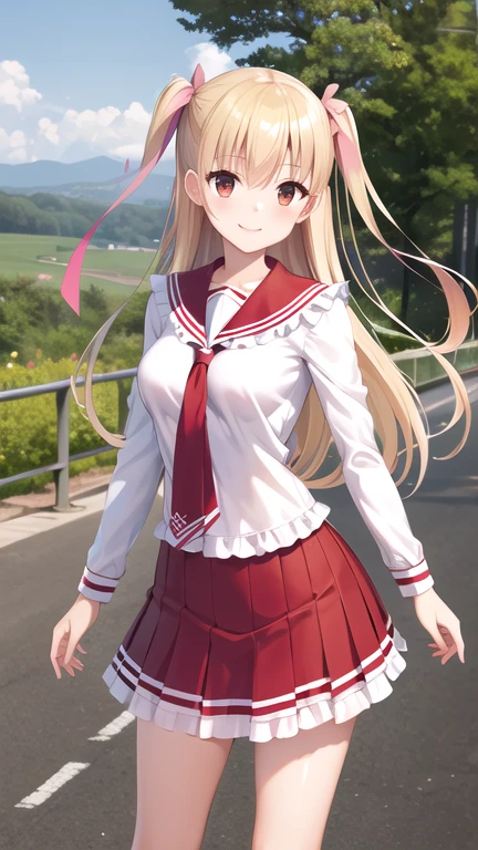 masterpiece, best quality, highres, aariko, long hair, blonde hair, two side up, hair ribbon, pink ribbon, , frills, serafuku, sailor collar, necktie, white shirt, long sleeves, red skirt, standing, cowboy shot, outdoors, smile