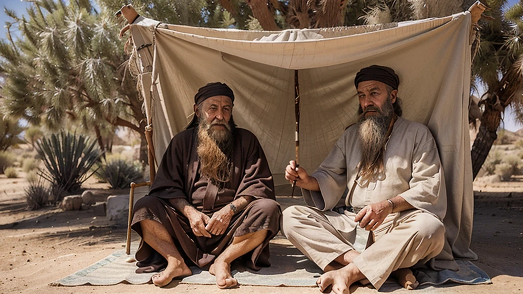 a young traveler with simple clothes and a staff, in a desert environment, encounters a wise old man with a long beard and traditional robes, sitting under a shady tree. The scenario should reflect