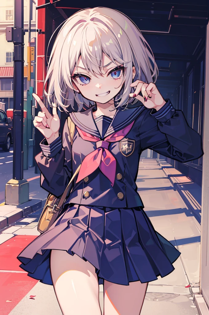 (Ideal:1.2), (perfect:1.2), (flawless:1.1), (highest quality:1.2), (best quality:1.2), street, 1girl, (evil smirk:1.15), (loli:1.15), young, (school uniform:1.1), detailed body, sexy thighs, small breasts, short hair, high quality eyes, 4K, highest quality resolution, best quality resolution, best quality upscale