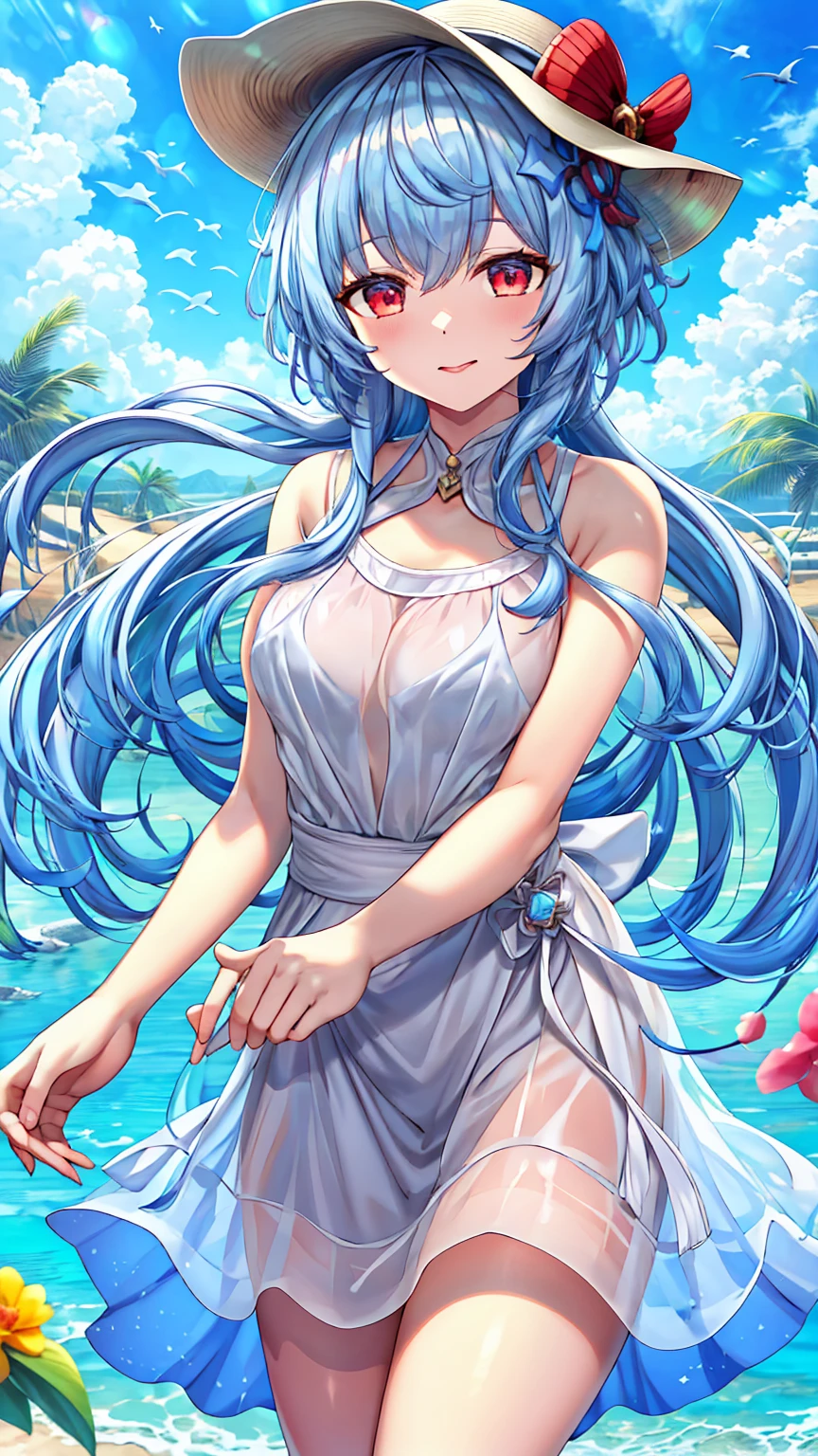 (Highest quality, masterpiece:1.4) , (Absurd:1.2), Complex, One girl, alone, Cinema Lighting, ganyu \(genshin impact\), Fairy, Pointed Ears, Blue Hair, length hair, Red eyes, bangs, lips, ocean returnground, sundress, Straw hat, arms_behind_return, smile, blush,Beach,barefoot, detailed returnground, Are standing, full_body, white_dress, length_dress, detailed clothing folds, transparent_clothing, SFW, see-through dress, See-through silhouette,(Moderate_chest:0.4), 日没 break looking at viewer, (Cowboy Shot:1.5), smile,下から構figure, Thighs, セクシー break (masterpiece:1.2), Highest quality, High resolution, unity 8k wallpaper, (figure:0.8), (美しいFine grain:1.6), Highly detailed face, Perfect lighting, Highly detailed CG, (Perfect hands, Perfect Anatomy) break ((masterpiece,Highest quality)), Super detailed, Shine, Shine光, Ray Tracing, (Perfect Face, Detailed face, Fine grain, Perfect hands, Perfect Fingers:1.5), HD, Super cute face, Highest quality, Super detailed break Shine目, (Highest qualityの写実的なイラスト), (Super fine), (Cute illustrations:1.3), (High chroma:1.3) break  詳細な美しい顔と目, Dynamic lighting, (Very delicate and beautiful) break (Nice hands), (Perfect hands:1.4), Highly detailed illustration, Super cute and beautiful, Highest quality, slender, ,Baby Face,