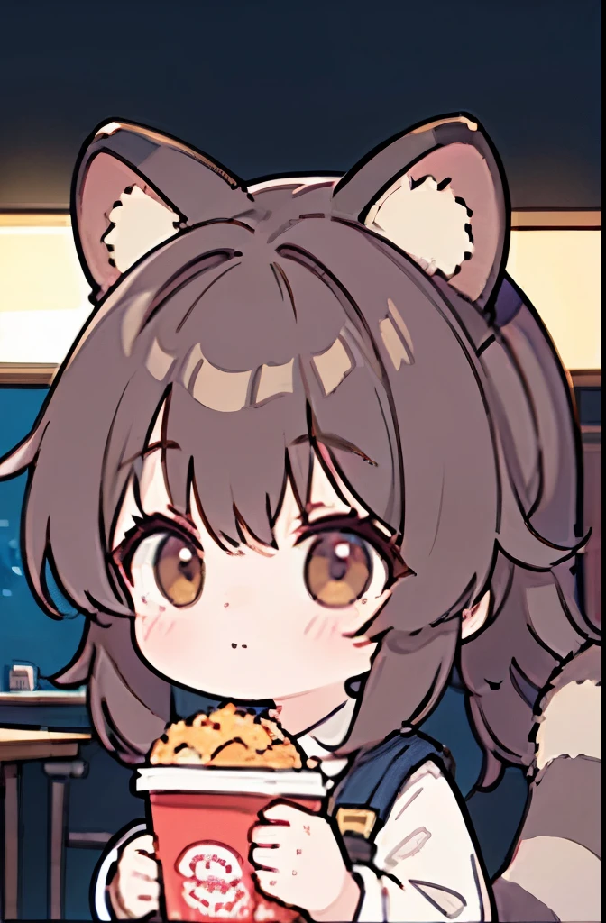 Raccoon Ears, Raccoon Girl, Animal ears, Long Hair, Brown Hair, raccoon tail, tail, masterpiece, Highest quality, alone, Cinema Lighting, View your viewers, fast food worker,