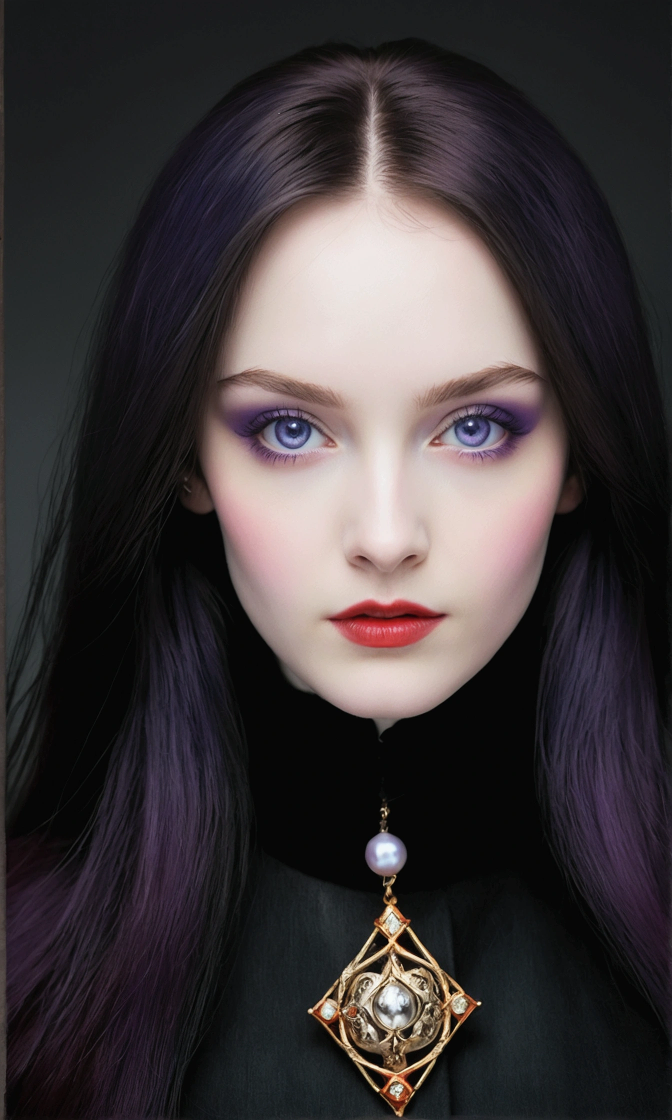 woman 25 years old, pale white skin, Purple eyes, long black hair, wearing a black high-neck overcoat with madri-pearl ons, in the Hogwarts setting, alongside Albus Dumbledore.