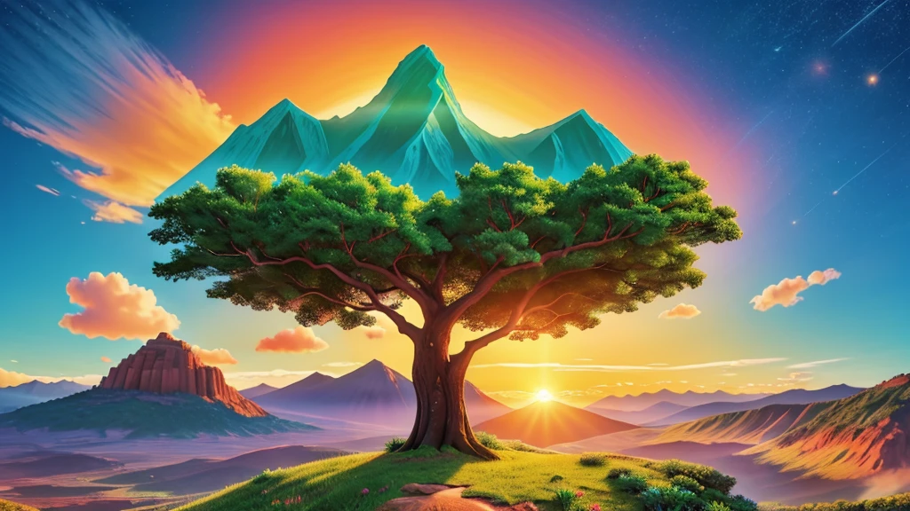 A vibrant illustration of a sunrise over a mountain, symbolizing a new beginning, with a prominent figure raising their arms in victory, surrounded by elements of nature that represent growth and hope, and an inspiring quote that says "MotivAção Diária"
