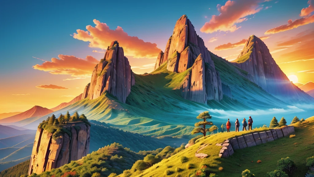 A vibrant illustration of a sunrise over a mountain, symbolizing a new beginning, with a prominent figure raising their arms in victory, surrounded by elements of nature that represent growth and hope, and an inspiring quote that says "MotivAção Diária"