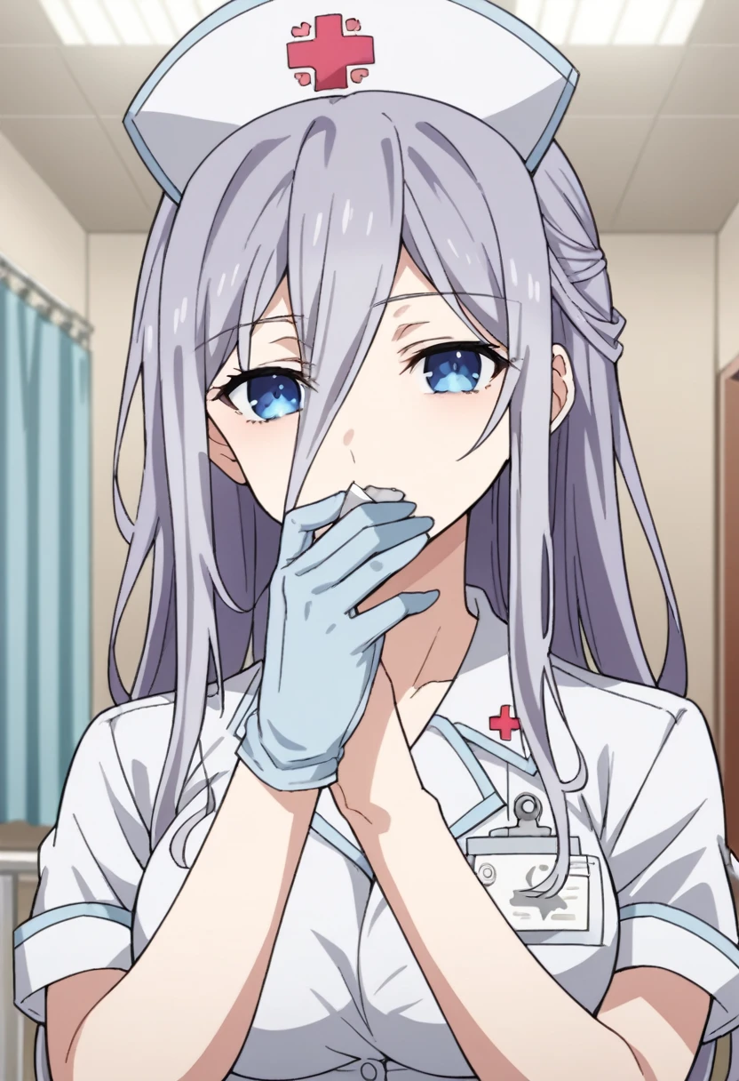 Score_9, Score_8_up, source_anime BREAK alone, looking at viewer, anime coloring, cowboy photo, Reinamurasame, queen murasame, long hair, blue eyes, gray hair , hair between the eyes, big chest, hat, nurse cap, nurse, interior, hospital, white nurse suit, gloves, bite glove, covering mouth, Maria, nurse, looking at viewer , seductive, source_anime