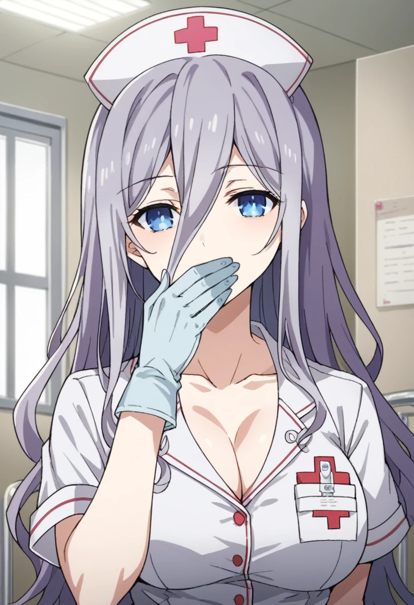 Score_9, Score_8_up, source_anime BREAK alone, looking at viewer, anime coloring, cowboy photo, Reinamurasame, queen murasame, long hair, blue eyes, gray hair , hair between the eyes, big chest, hat, nurse cap, nurse, interior, hospital, white nurse suit, gloves, bite glove, covering mouth, Maria, nurse, looking at viewer , seductive, source_anime