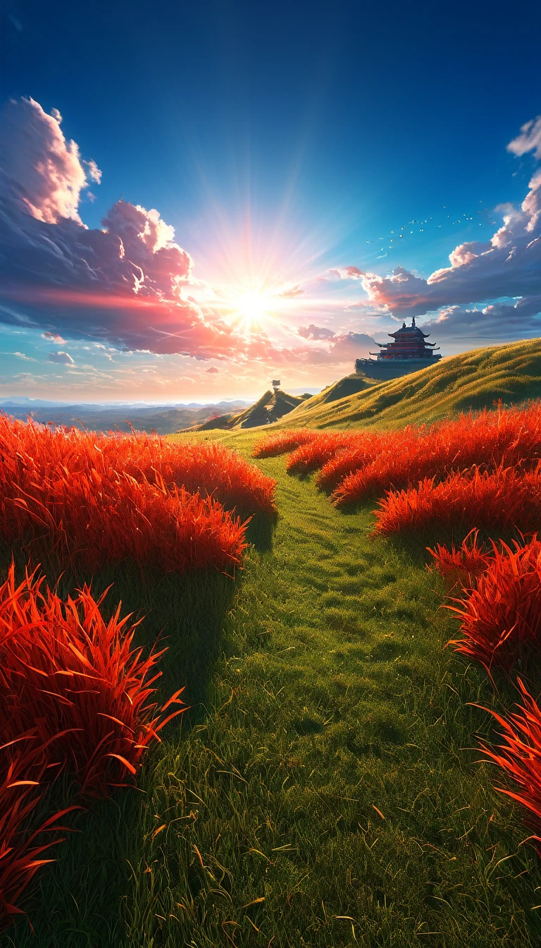 Masterpiece, high quality, 8K Ultra HD. The image shows a  with a flashlight shining into the sky from a grassy hill, with a background of vibrant blue sky and the red and orange tones of the sun,((red grass)), 4k anime art wallpaper, Shen Che-Tsai digital art, pexels, fantastic realism, among sunlit heavenly clouds, heavenly clouds, amazing sky, 4K anime art wallpaper, anime background, wallpaper 8K anime art wallpaper, anime art wallpaper, anime landscape wallpaper, amazing wallpaper, high quality wallpaper definition, 4k anime wallpaper, 4k anime wallpaper, Aries Moross art, Bob Byerley art, AshleyWoodArtAI, greg rutkowski