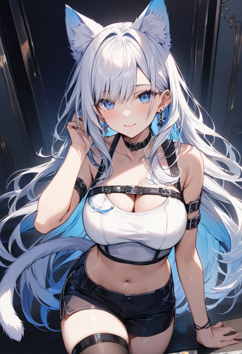 masterpiece, best quality, 1girl, solo, adult, white hair has a blue streak, long hair, earrings, blue eyes, detailed face, white crop top, large breasts, shorts, stocking, arm belt, infront of viewer, empty look, smile, has a tail and cat ears, 