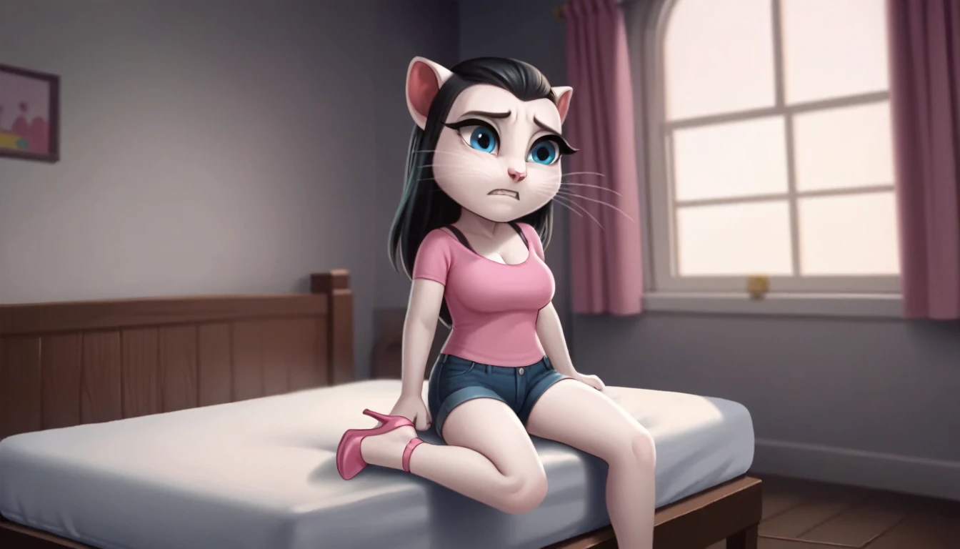 

solo focus, a_la, 1girl, cat, white fur, long whiskers on both sides of her face, big bright blue eyes, big black eyelashes, long hair, black hair, pink nose, triangular ears with pink channels, high heels, big breasts.  The short jeans were ripped all the way down.   1 girl and 1 boy human, background.   The man is sitting on the bed.   The woman goes under the man, she sits and screams vaginal, she lies, at home, looking back, big penis, rape of 1 man, girl.   Score_9, Score_8_up, Score_7_
