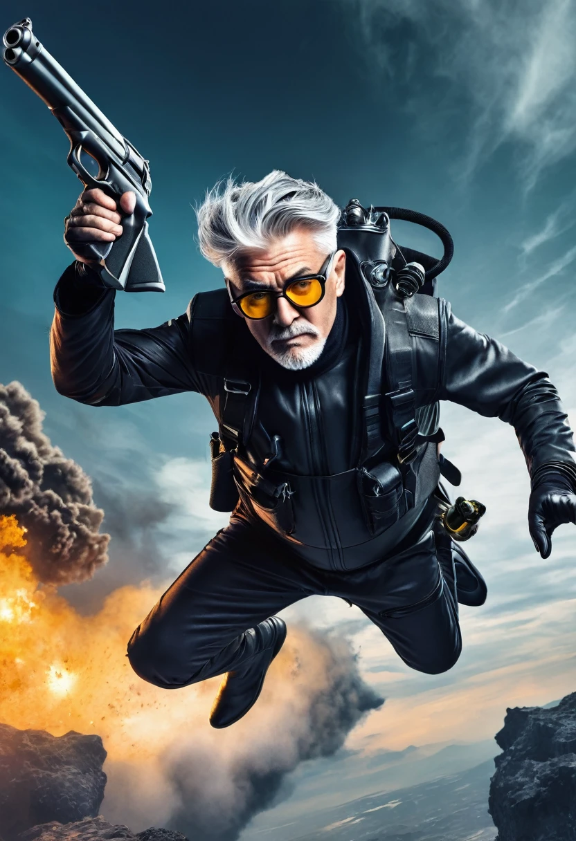 dark underworld vigilante character. 60 years old. grey hair. shaved sides long on top hair cut. glasses. diving through the air, shooting guns