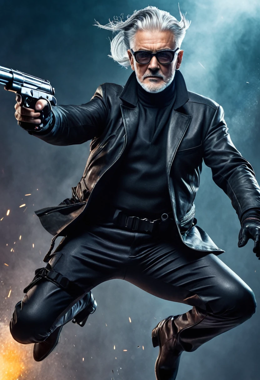 dark underworld vigilante character. 60 years old. grey hair. shaved sides long on top hair cut. glasses. diving through the air, shooting guns