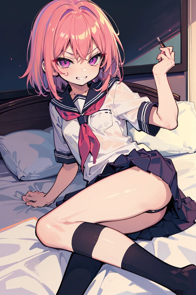 (Ideal:1.2), (perfect:1.2), (flawless:1.1), (highest quality:1.2), (best quality:1.2), on bed, 1girl, (evil smirk:1.15), (loli:1.15), young, (school uniform:1.1), detailed body, sexy thighs, small breasts, short hair, high quality eyes, 4K, highest quality resolution, best quality resolution, best quality upscale