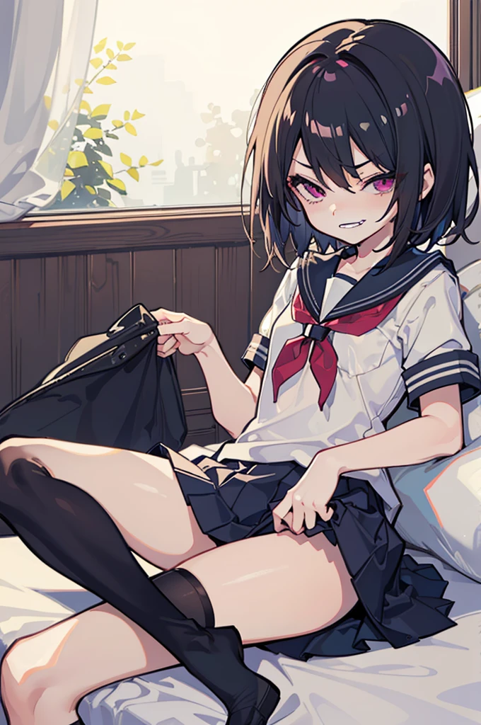 (Ideal:1.2), (perfect:1.2), (flawless:1.1), (highest quality:1.2), (best quality:1.2), on bed, 1girl, (evil smirk:1.15), (:1.15), young, (school uniform:1.1), detailed body, sexy thighs, small breasts, short hair, high quality eyes, 4K, highest quality resolution, best quality resolution, best quality upscale