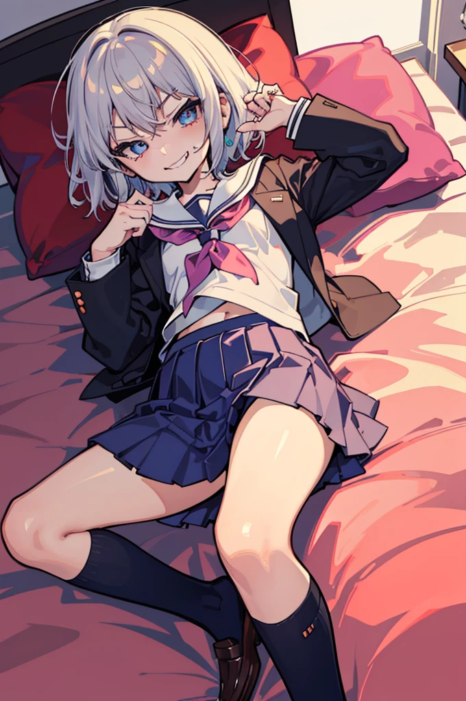 (Ideal:1.2), (perfect:1.2), (flawless:1.1), (highest quality:1.2), (best quality:1.2), on bed, 1girl, (evil smirk:1.15), (:1.15), young, (school uniform:1.1), detailed body, sexy thighs, small breasts, short hair, high quality eyes, 4K, highest quality resolution, best quality resolution, best quality upscale