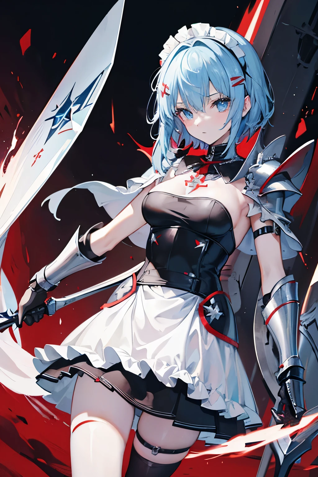 1girl, knights templar, anime maid, epic, (knights templar light armor), templar semi-armor, maid mini skirt, armor straps, tactical templar light semi-armor,shield, sword, knight templar,1girl, arrow_\(fire_Force\), blue_eyes, dinamyc_hair, short_hair, hair_clips, templar_knight_robes, cape, red_cross_on_chest, pelvic_curtain, black_sleeves, armour, (bikini armor), (maid clothes), templar armor, tactical straps, anime maid, maid girl, knights templar, anime maid, epic, (knights templar light armor), templar semi-armor, maid mini skirt, bikini armor, armor straps, tactical templar light semi-armor,shield, sword, knight templar, tactical straps, athletic body, warrior pose