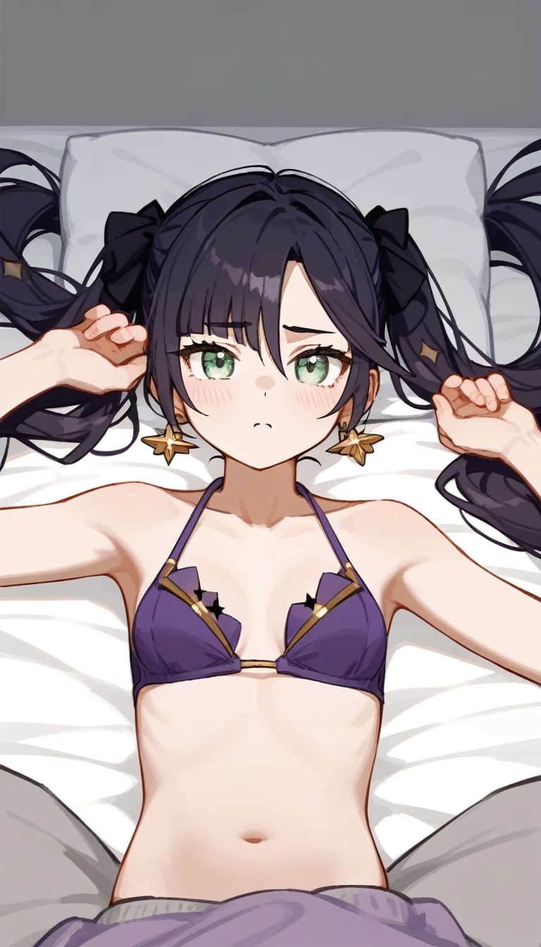 masterpiece,Ultra HD,score_4_onBREAK source_anime,可愛いanimeイラスト, One Girl, alone, Mona XL, Long black hair, Green Eyes, tsurime, Twin tails, Medium Chest, View your audience,Throb,Bed,Lying down,Purple Bikini,nsfw,A man rubs his chest,Having my breasts massaged,