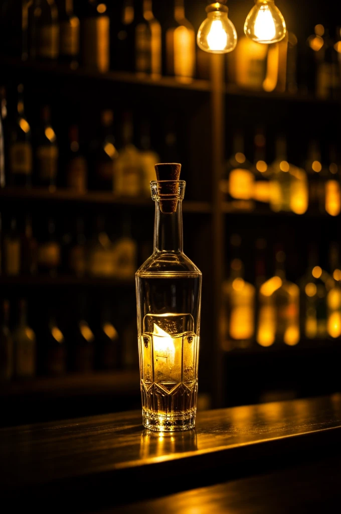 Liqueur glass and bottle on bar in dark light