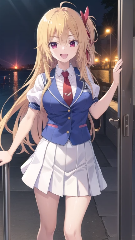 ((masterpiece)),(best quality),official art,extremely detailed CG,unity 8k wallpaper,ultra detailed,beautiful detailed eyes,extremely detailed face,A lighthouse on a cliff by the sea,1girl,solo,cowboy shot,looking at viewer,facing viewer,standing,very long hair,blonde hair,hair ribbon,one side up,bow,red ribbon,ahoge,hair between eyes,bangs,red eyes,:d,,collared vest,blue vest,red necktie,collared shirt,white shirt,puffy short sleeves,medium breasts,miniskirt,white skirt,pleated skirt,frills,white socks,loafers,