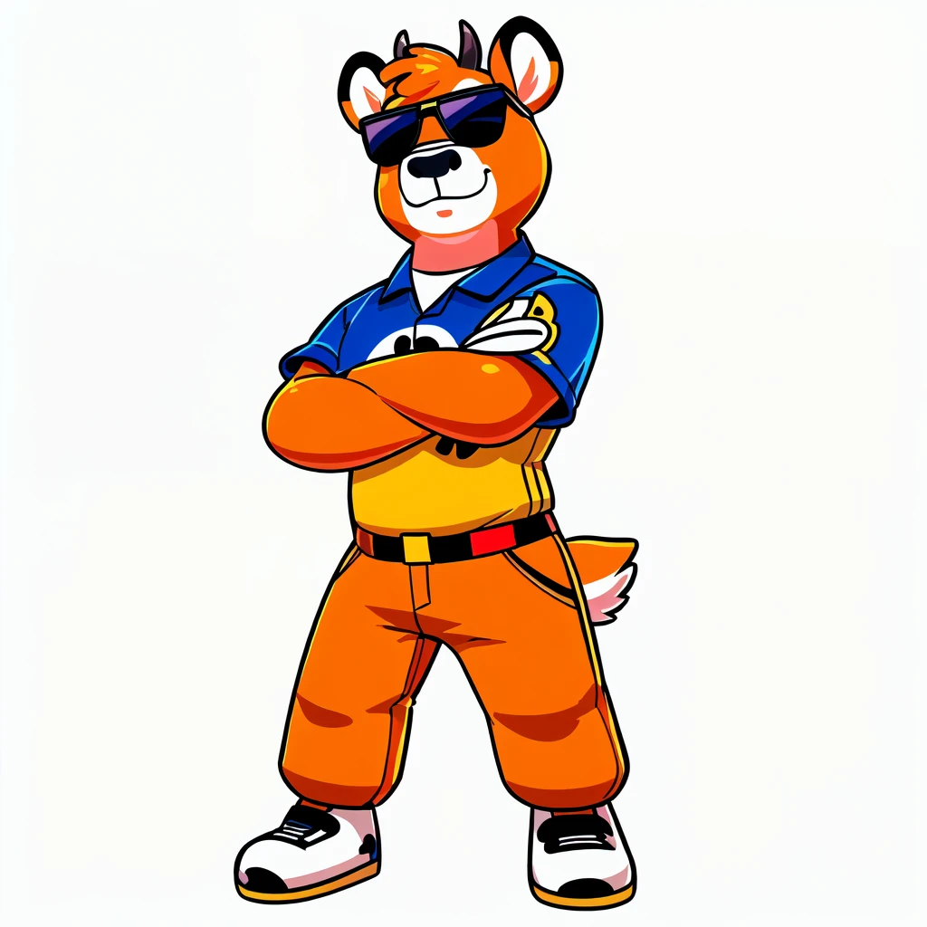Just Dance,Wear a shirt、Wearing sunglasses、Cartoon cow with crossed arms, Full body mascot, ( cow wearing sunglasses, dancing character, Created using C4D, Hair texture,Teddy Fresh, Orange body, Made with C4D, Cartoon shading:15, Official Art, Merge roles, an anthropomorphic deer, Official illustrations, Full body clothing, posture