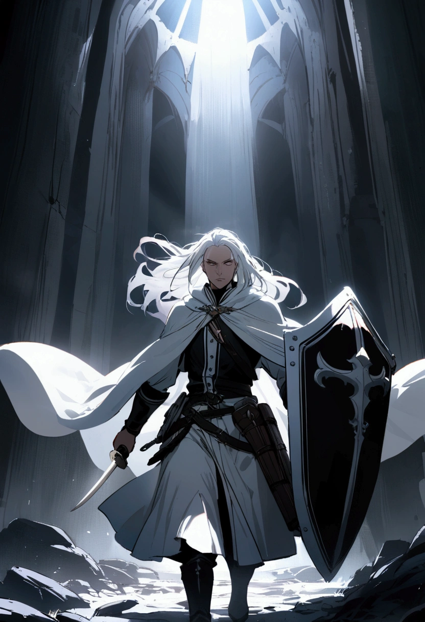 A man with long silver hair, wearing a black and white cloak with a sword and shield