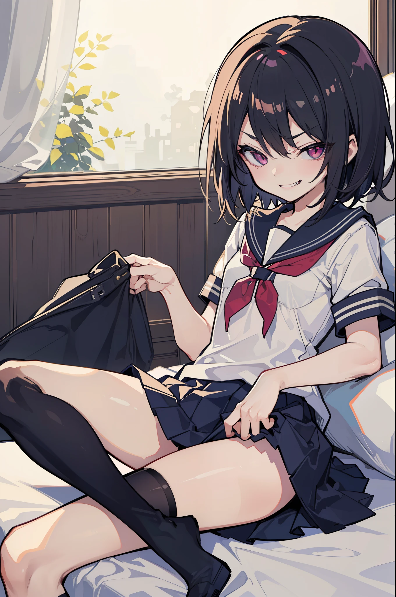 (Ideal:1.2), (perfect:1.2), (flawless:1.1), (highest quality:1.2), (best quality:1.2), on bed, 1girl, (evil smirk:1.15), (:1.15), young, (school uniform:1.1), detailed body, sexy thighs, small breasts, short hair, high quality eyes, 4K, highest quality resolution, best quality resolution, best quality upscale