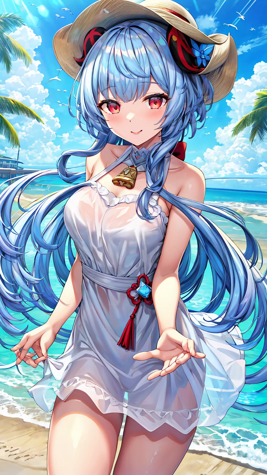 (Highest quality, masterpiece:1.4) , (Absurd:1.2), Complex, One girl, alone, Cinema Lighting, ganyu \(genshin impact\), Fairy, Pointed Ears, Blue Hair, length hair, Red eyes, bangs, lips, ocean returnground, sundress, Straw hat, arms_behind_return, smile, blush,Beach,barefoot, detailed returnground, Are standing, full_body, white_dress, length_dress, detailed clothing folds, transparent_clothing, SFW, see-through dress, See-through silhouette,(Moderate_chest:0.4), 日没 break looking at viewer, (Cowboy Shot:1.5), smile,下から構figure, Thighs, セクシー break (masterpiece:1.2), Highest quality, High resolution, unity 8k wallpaper, (figure:0.8), (美しいFine grain:1.6), Highly detailed face, Perfect lighting, Highly detailed CG, (Perfect hands, Perfect Anatomy) break ((masterpiece,Highest quality)), Super detailed, Shine, Shine光, Ray Tracing, (Perfect Face, Detailed face, Fine grain, Perfect hands, Perfect Fingers:1.5), HD, Super cute face, Highest quality, Super detailed break Shine目, (Highest qualityの写実的なイラスト), (Super fine), (Cute illustrations:1.3), (High chroma:1.3) break 詳細な美しい顔と目, Dynamic lighting, (Very delicate and beautiful) break (Nice hands), (Perfect hands:1.4), Highly detailed illustration, Super cute and beautiful, Highest quality, slender, ,Baby Face,