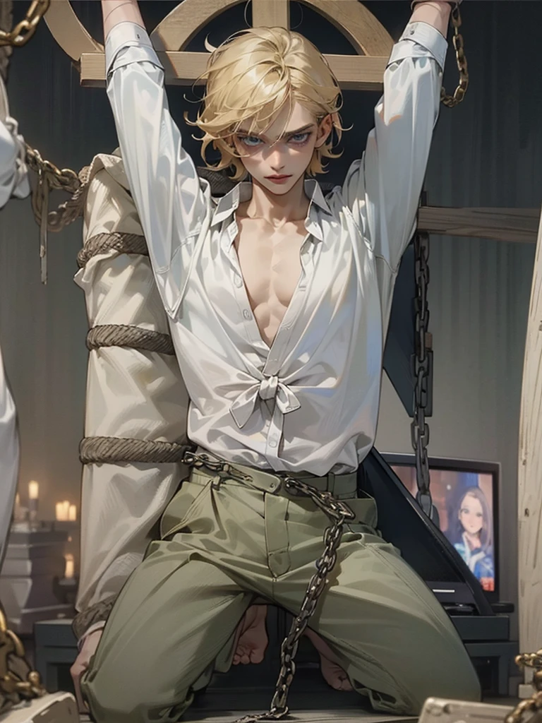 guy,one man,(Masterpiece: 1.3), (Maximum resolution: 1.2), (Ultra HDTV: 1.2), Cinema light, Ultra HDTV, (Detailed eyes and skin), (Detailed facial features), HDR, 8k resolution, Sharp Focus: 1.2, Perfect style, beautiful face, accurate, anatomically correct, highly detailed face and skin texture, detailed eyes,guy, one man, with his chest bared,A regretful look,spiky hair,blonde hair,dark blue eyes,short hair,tied in chains,crucified,white long sleeves shirt,handcuffed,chain,rope,bound by a bond,Eyes are wide open