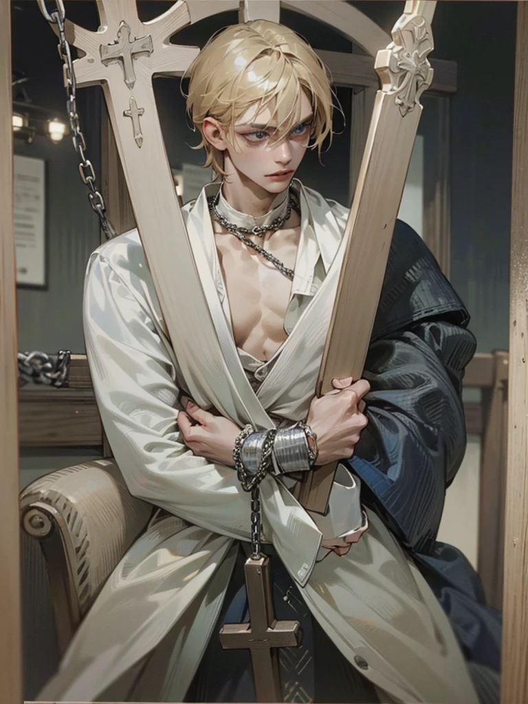 guy,one man,(Masterpiece: 1.3), (Maximum resolution: 1.2), (Ultra HDTV: 1.2), Cinema light, Ultra HDTV, (Detailed eyes and skin), (Detailed facial features), HDR, 8k resolution, Sharp Focus: 1.2, Perfect style, beautiful face, accurate, anatomically correct, highly detailed face and skin texture, detailed eyes,guy, one man, with his chest bared,A regretful look,spiky hair,blonde hair,dark blue eyes,short hair,tied in chains,crucified,white long sleeves shirt,handcuffed,chain,rope,bound by a bond,Eyes are wide open