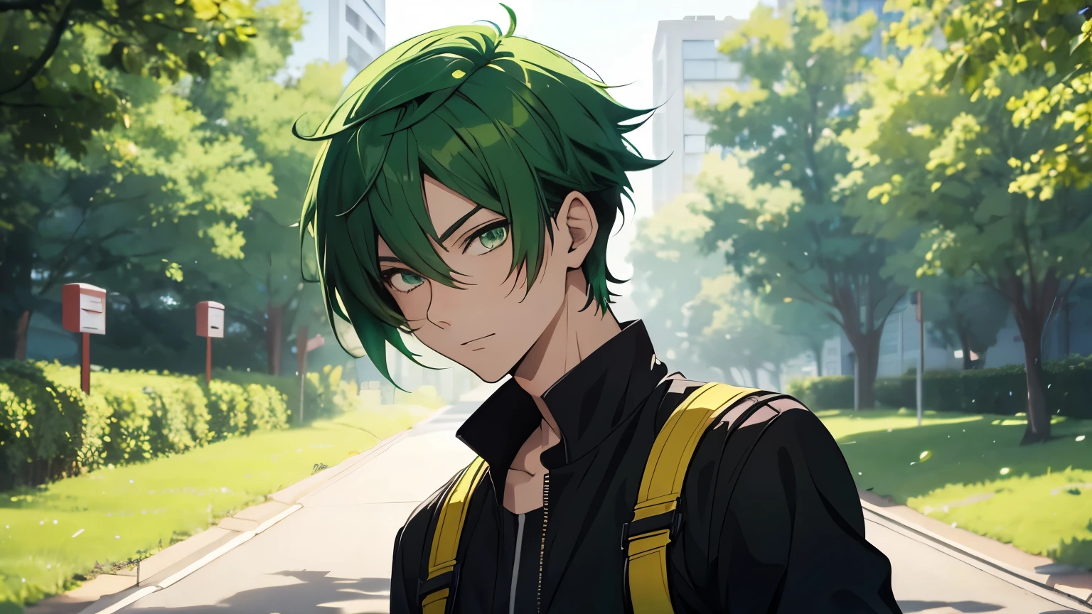 Anime guy with short green hair and green eyes