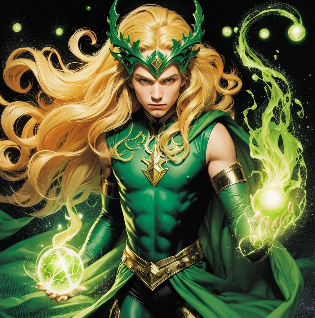 American classic comics art: Enchantress young boy, very young man ethereal delicate, long bright yellow blond hair with beautiful waves, green helmet tiara on his forehead, strong-green sleeveless enchanting wizard outfit delicate, long gloves, covered neck, emerald-green fire magic energy sphere, very young face man, green eyes, tight dark green leggings, The Enchantress Marvel outfit man, classic medieval enchanting man, comic book,