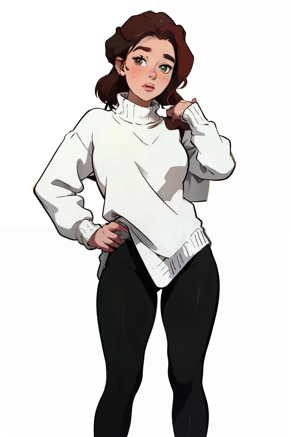 Fmasterpiece, best quality, full body,1girl,the highest image quality, 21-year-old woman, looks like Emilia Clarke with brown skin, red hair, short brown hair, light brown eyes, oversized green sweater and black leggings, White background, empty background whole body , standing normally, happy expression