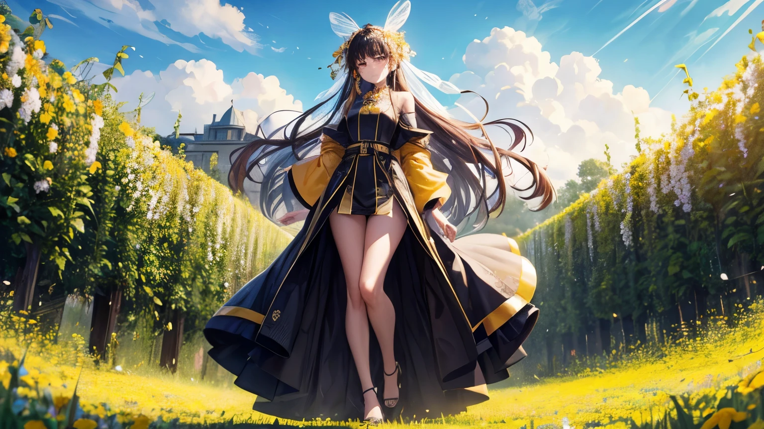 dressed as a bee, long robe, chic, sobbing, standing in high heels in a field of flowers, dress with slit