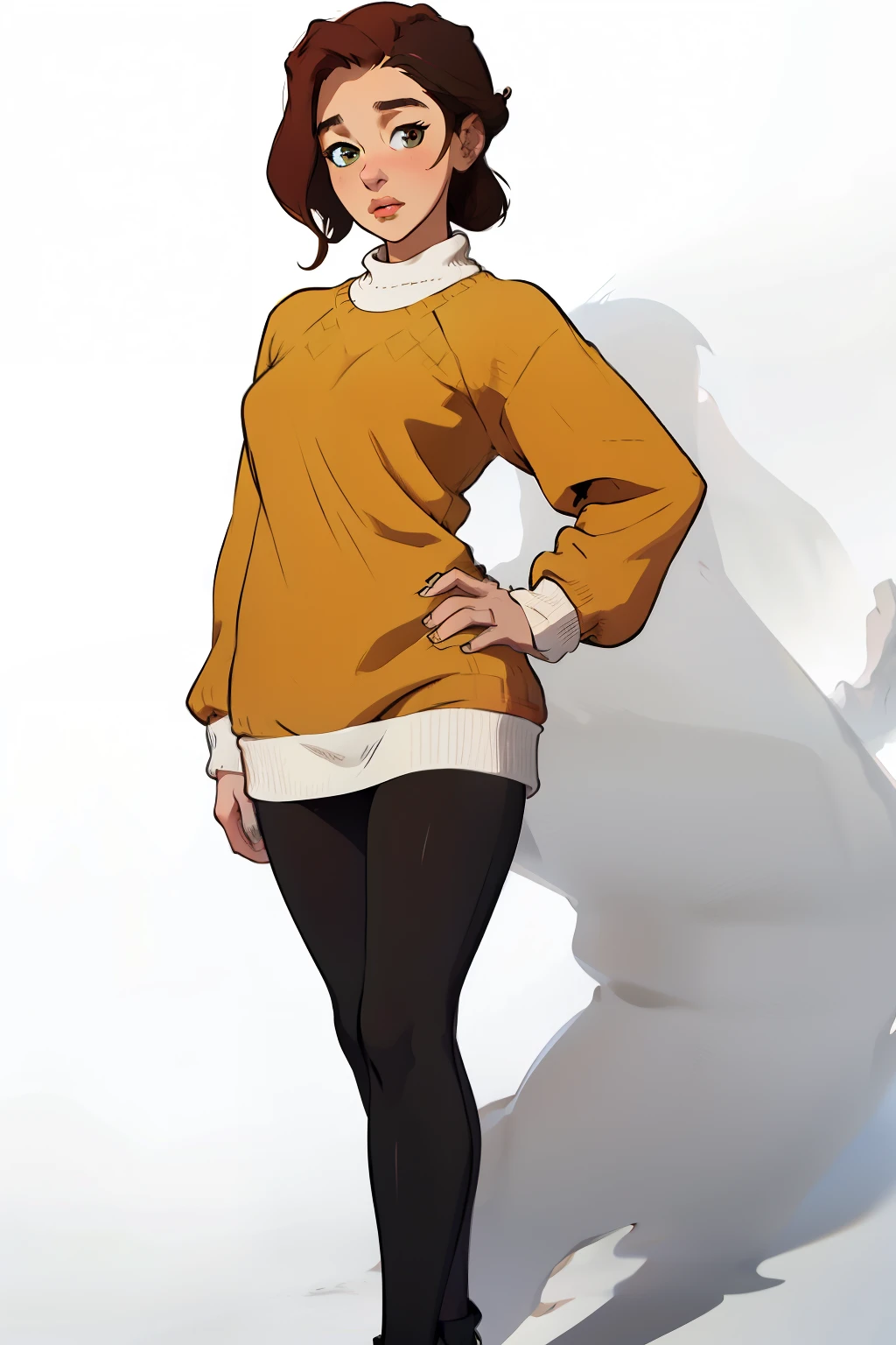 Fmasterpiece, best quality, full body,1girl,the highest image quality, 21-year-old woman, looks like Emilia Clarke with brown skin, red hair, short brown hair, light brown eyes, oversized green sweater and black leggings, White background, empty background whole body , standing normally, happy expression