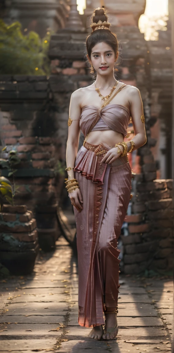 (onoff:1.4), (photorealistic:1.4), professional photography, award winning photo, photoshoot, centered photo, RAW, bokeh, natural lighting, realistic shadow, detailed skin texture, photon mapping, film grain, hiqcgbody, looking at viewer, (korean mixed), (full body), (split screen:1.4), Thai traditional dress, Thai traditional skirt, (Thai traditional footwear), Phra Nakhon Si Ayutthaya, ancient Thai ruins, outdoor, sunny day, (hair_bun), clenched fist, narrow waist, (large boobs), (small areolae:1.4), cleft of venus, (hairy pussy:1.4), (abs:0.8), bracelet, necklace, jewelry, tiara, (shiny skin1.4), (oily skin), ((( big hips, breast)))