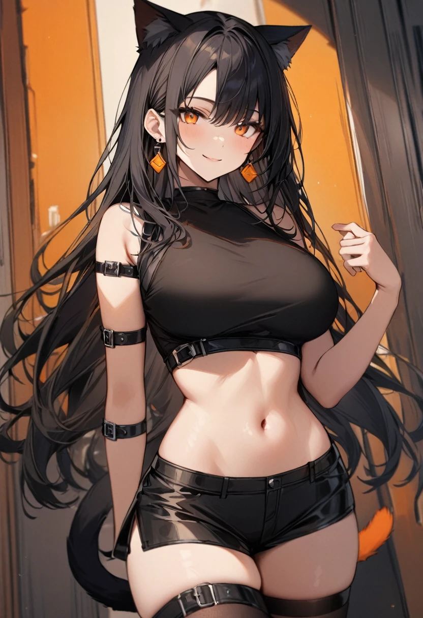 masterpiece, best quality, 1girl, solo, adult, black hair has a orange streak, long hair, earrings, orange eyes, detailed face, black crop top, large breasts, shorts, stocking, arm belt, infront of viewer, empty look, smile, has a tail and cat ears,