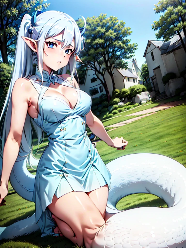 ((beautiful face)), ((masterpiece, best quality)),1girl,15s,long hair,twintails,white hair,ahoge,lamia tail,((white lamia tail)),(white background),pointy ears,sleeveless,white shirt,(cleavage),blue eyes,((kneeling, on the grass,blue sky,village)),o:,Close up