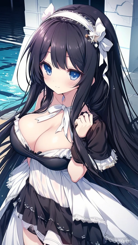 best quality, extremely detailed,anime style girl,long hair down to the waist, straight hair, ((dark black hair with bluish)),braid,beautiful detailed eyes, pinched eyes, (dark blue eyes),huge breasts,curvy,((((white mysterious swim dress)))),big ribbon,hair ornament,beach side Luxurious room,smile,((active pose))