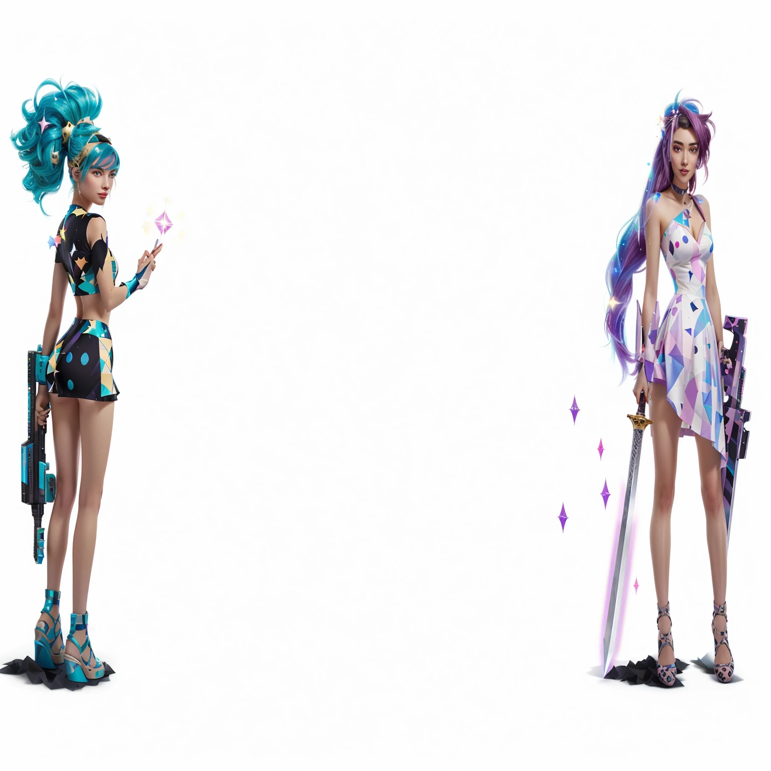 two cartoon characters of a woman with a sword and a girl with a dress, no background and shadows, polkadots, 2 point lights, polycount, in background, stylistic blur, some chaotic sparkles, hyper realistic, vaporwave city, xparticles, artgerm 4 k, agent pekka, 8k artgerm bokeh, styleframe