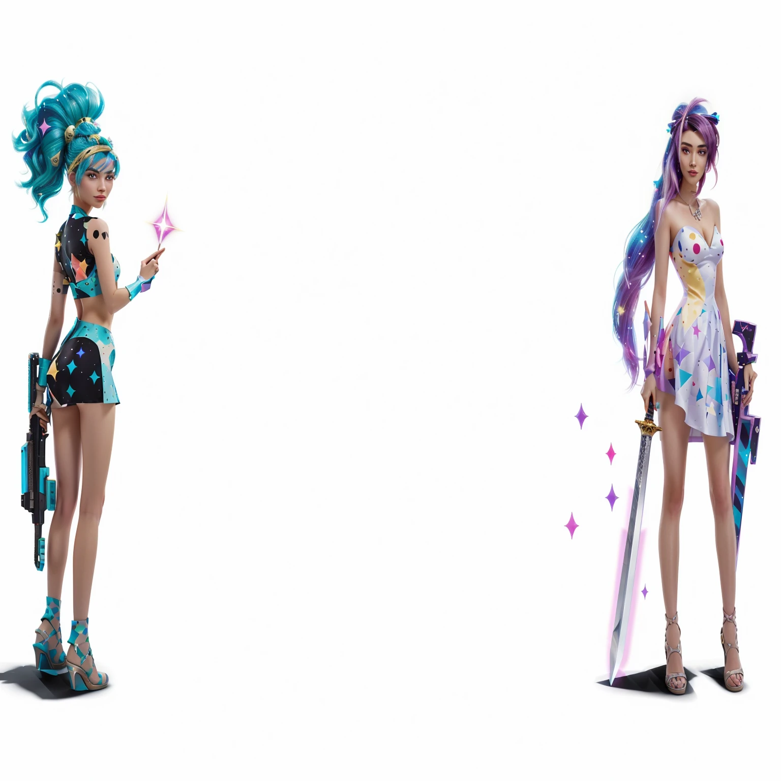 two cartoon characters of a woman with a sword and a girl with a dress, no background and shadows, polkadots, 2 point lights, polycount, in background, stylistic blur, some chaotic sparkles, hyper realistic, vaporwave city, xparticles, artgerm 4 k, agent pekka, 8k artgerm bokeh, styleframe