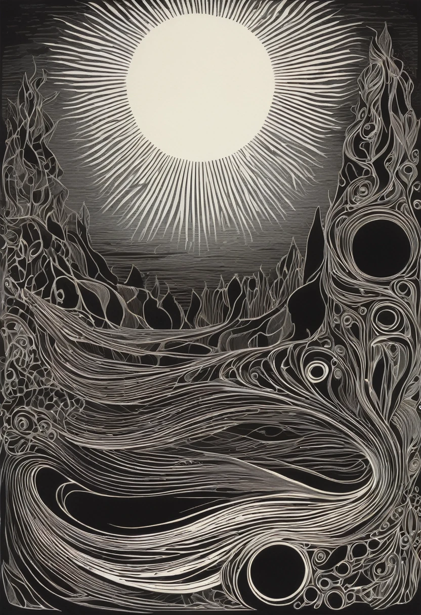 a surreal woodcut engraving abstract, with the theme "time and sound and sillhouettes"