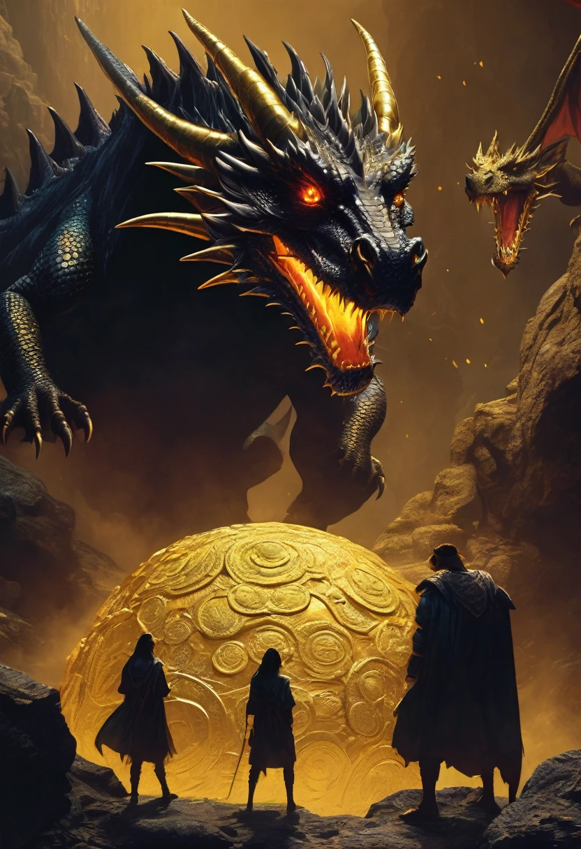 80s movies style,dark fantasy,dragon with 3 head, creepy,cave,gold coins