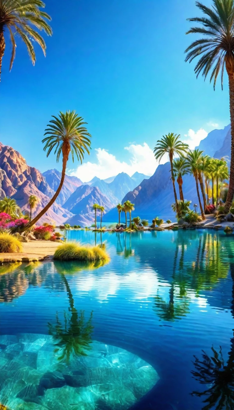 Masterpiece, Best quality, High quality, Extremely detailed Cg Unity 8K wallpaper, Charming and dreamy desert oasis scene, beautiful big blue lake as the focal point, glimmering water surface,with palm trees, The hidden fairytale valley creates a sense of mystery and charm, art  stations, Intricate, Trendy, Award-winning photography, Bokeh, Depth of field, hdr, full bloom, color difference, Photorealistic, Extremely detailed, 