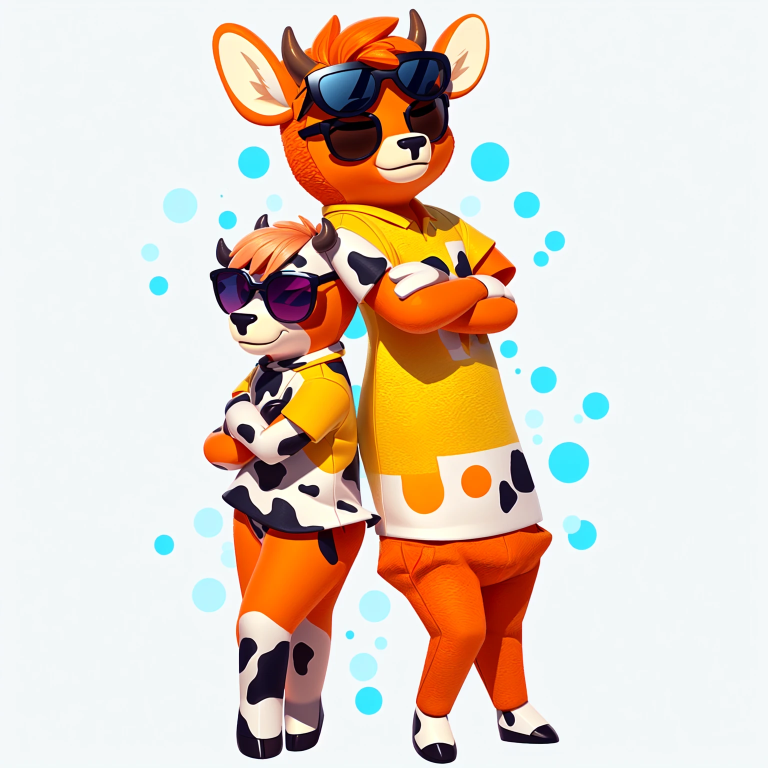 Just Dance，Wear a shirt、Wearing sunglasses、Cartoon cow with crossed arms, Full body mascot, ( cow wearing sunglasses, dancing character, Created using C4D, Hair texture，Teddy Fresh, Orange body, Made with C4D, Cartoon shading:15, Official Art, Merge roles, an anthropomorphic deer, Official illustrations, Full body clothing, posture