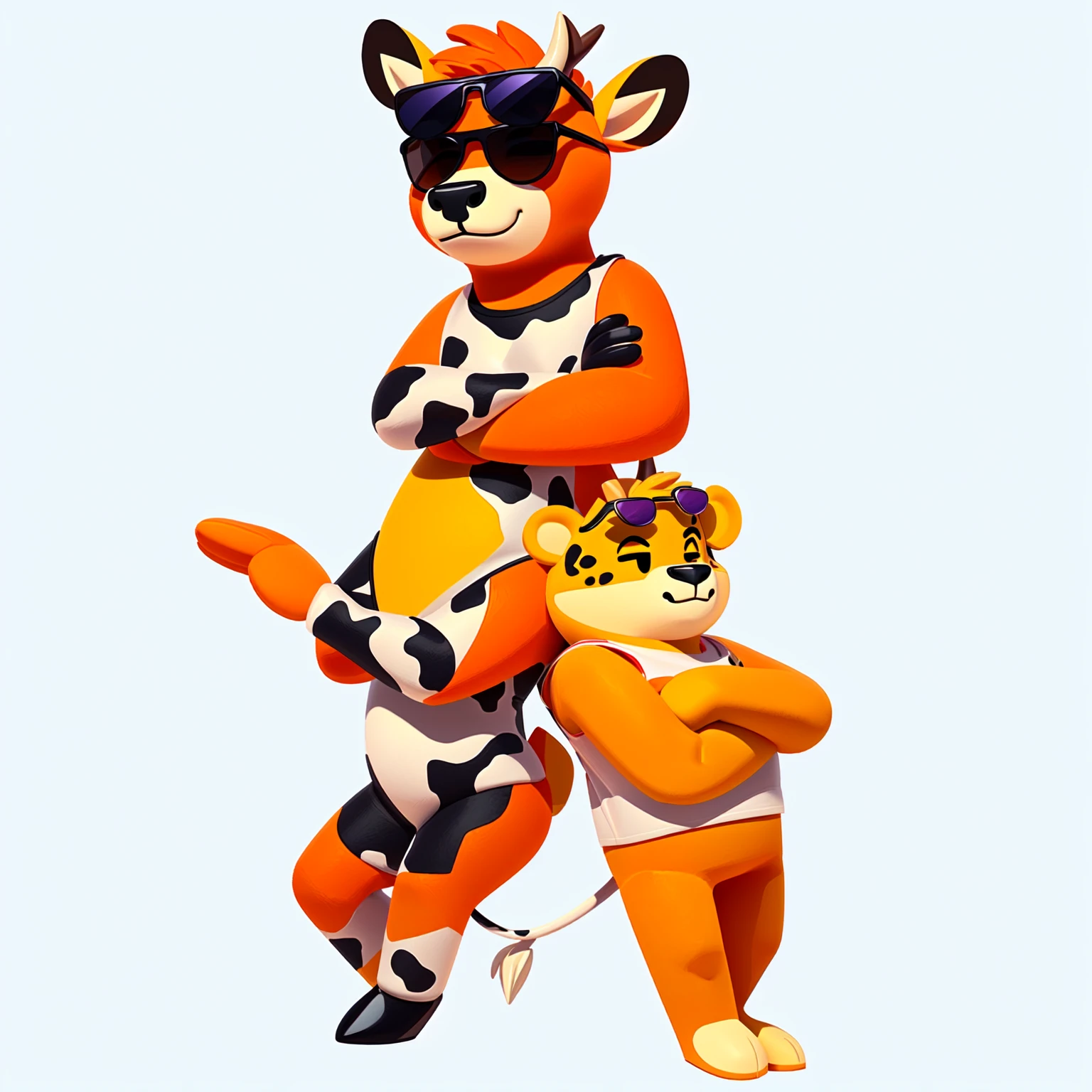 Just Dance,Wear a shirt、Wearing sunglasses、Cartoon cow with crossed arms, Full body mascot, ( cow wearing sunglasses, dancing character, Created using C4D, Hair texture,Teddy Fresh, Orange body, Made with C4D, Cartoon shading:15, Official Art, Merge roles, an anthropomorphic deer, Official illustrations, Full body clothing, posture