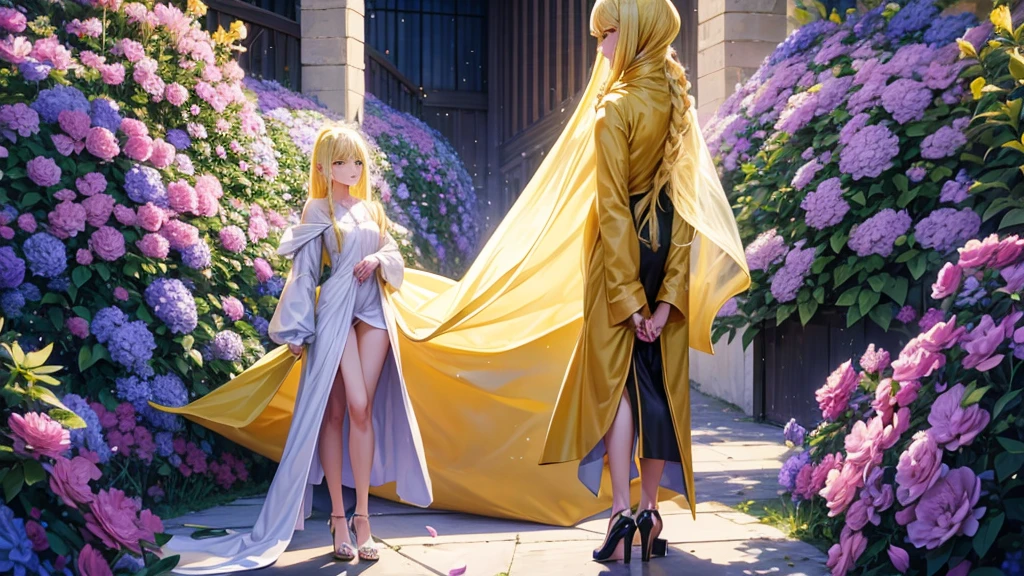 bee stay, long robe, chic, sobbing, standing in high heels in a field of flowers, dress with slit, blonde
